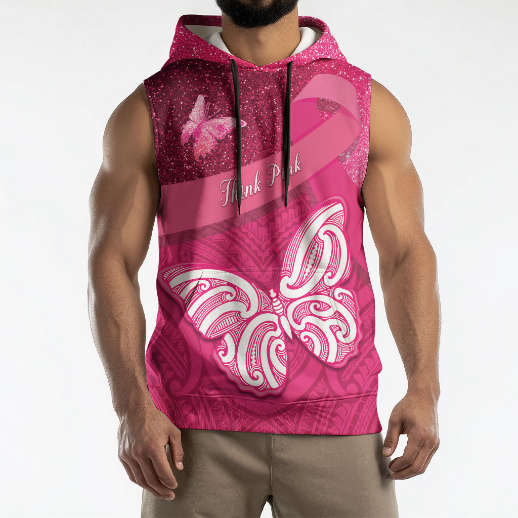 New Zealand Breast Cancer Awareness Sleeveless Hoodie Pink Ribbon Butterfly Maori Pattern LT22 - Polynesian Pride