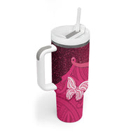 New Zealand Breast Cancer Awareness Tumbler With Handle Pink Ribbon Butterfly Maori Pattern