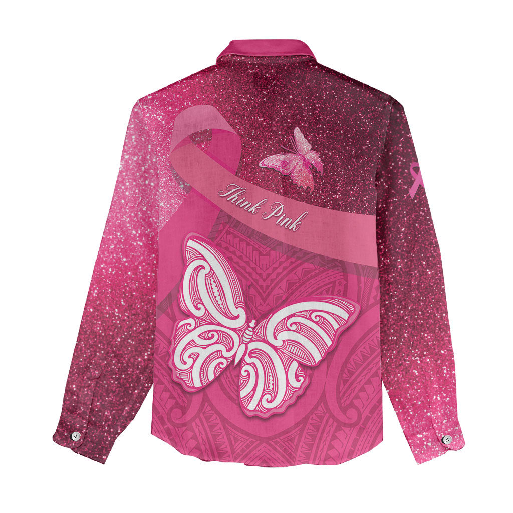 New Zealand Breast Cancer Awareness Women Casual Shirt Pink Ribbon Butterfly Maori Pattern LT22 - Polynesian Pride