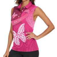 New Zealand Breast Cancer Awareness Women Sleeveless Polo Shirt Pink Ribbon Butterfly Maori Pattern