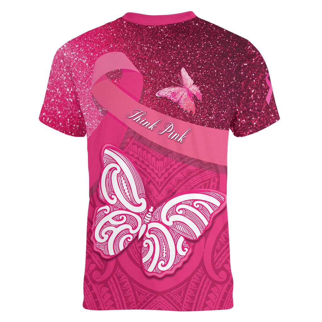 New Zealand Breast Cancer Awareness Women V-Neck T-Shirt Pink Ribbon Butterfly Maori Pattern LT22 - Polynesian Pride