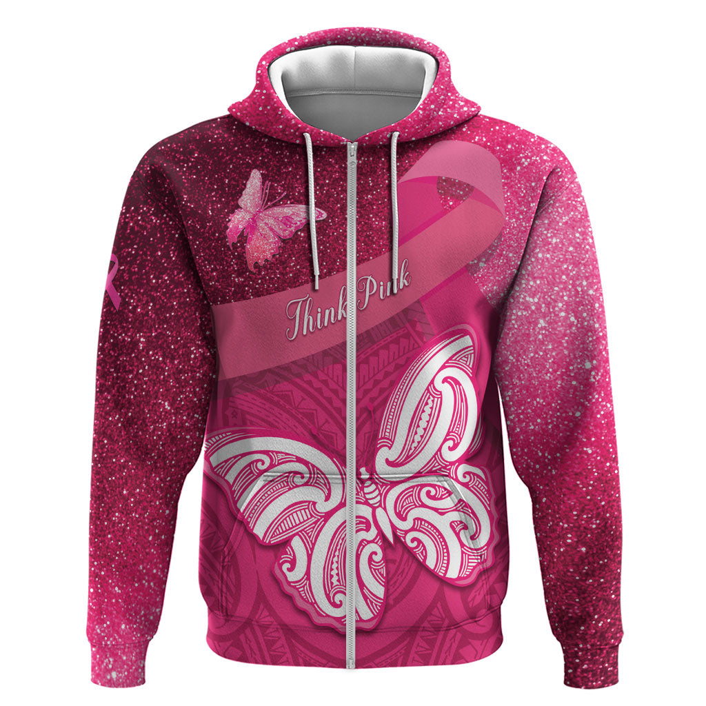 New Zealand Breast Cancer Awareness Zip Hoodie Pink Ribbon Butterfly Maori Pattern