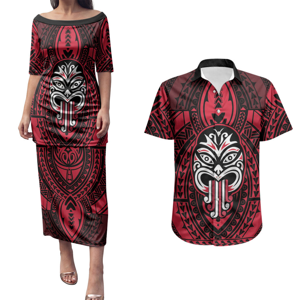 New Zealand Maori Language Week Couples Matching Puletasi and Hawaiian Shirt Te Wiki O Te Reo Maori Hei Tiki LT22 Red - Polynesian Pride