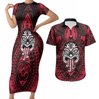 New Zealand Maori Language Week Couples Matching Short Sleeve Bodycon Dress and Hawaiian Shirt Te Wiki O Te Reo Maori Hei Tiki LT22 Red - Polynesian Pride