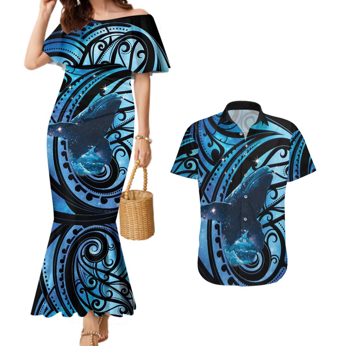 New Zealand Matariki Couples Matching Mermaid Dress and Hawaiian Shirt Maori Humpback Whale Galaxy