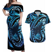 New Zealand Matariki Couples Matching Off Shoulder Maxi Dress and Hawaiian Shirt Maori Humpback Whale Galaxy LT22 Blue - Polynesian Pride