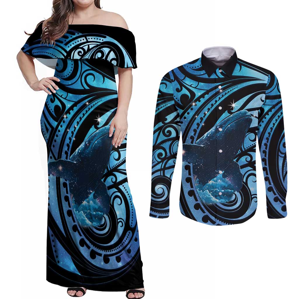New Zealand Matariki Couples Matching Off Shoulder Maxi Dress and Long Sleeve Button Shirt Maori Humpback Whale Galaxy