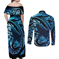 New Zealand Matariki Couples Matching Off Shoulder Maxi Dress and Long Sleeve Button Shirt Maori Humpback Whale Galaxy