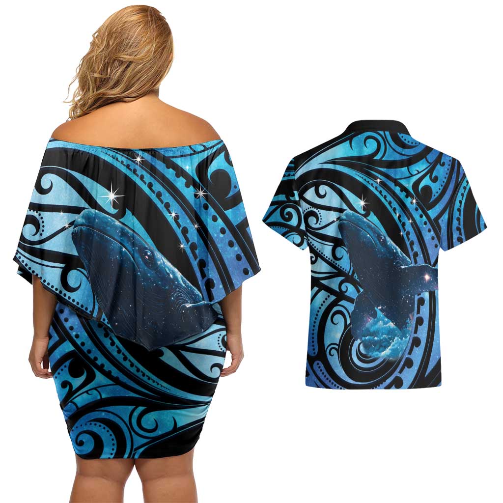 New Zealand Matariki Couples Matching Off Shoulder Short Dress and Hawaiian Shirt Maori Humpback Whale Galaxy LT22 - Polynesian Pride