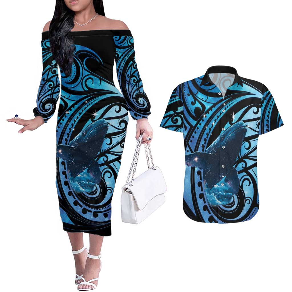 New Zealand Matariki Couples Matching Off The Shoulder Long Sleeve Dress and Hawaiian Shirt Maori Humpback Whale Galaxy LT22 Blue - Polynesian Pride