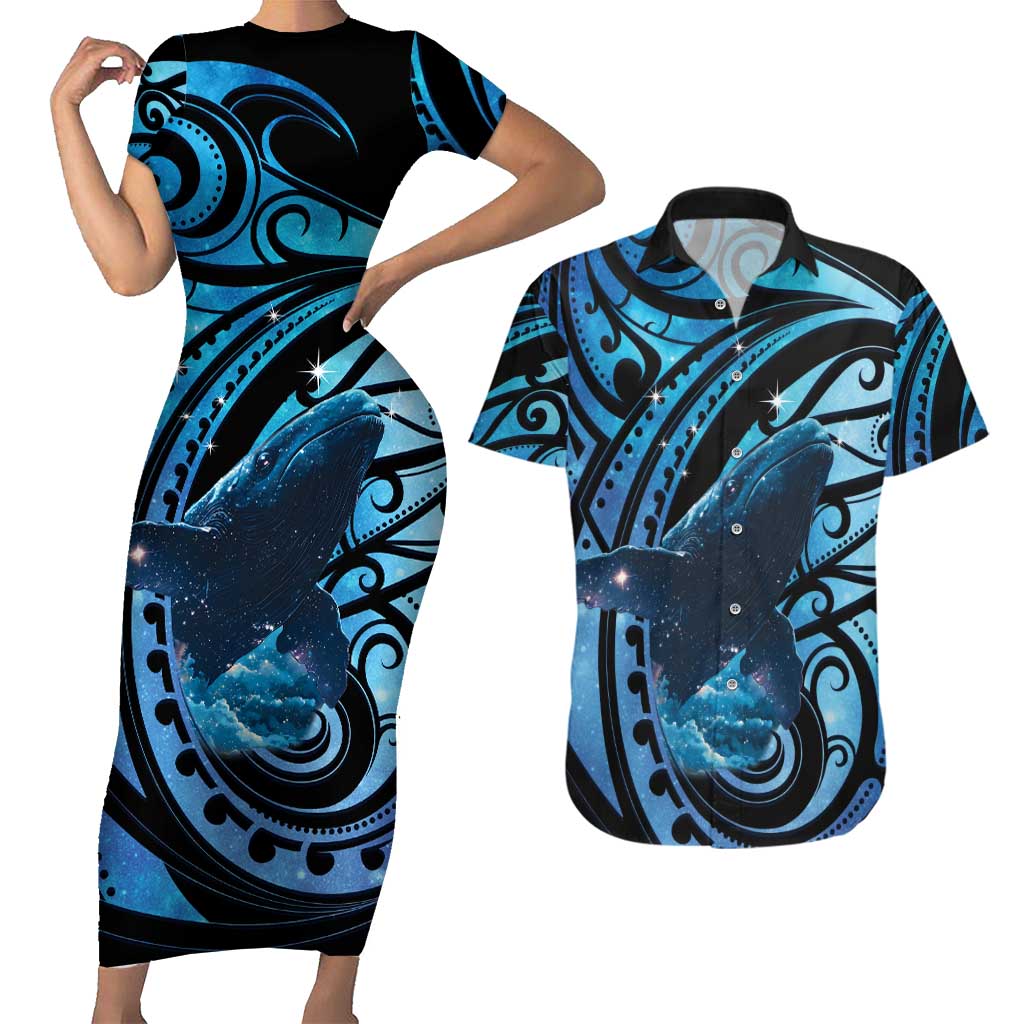 New Zealand Matariki Couples Matching Short Sleeve Bodycon Dress and Hawaiian Shirt Maori Humpback Whale Galaxy LT22 Blue - Polynesian Pride
