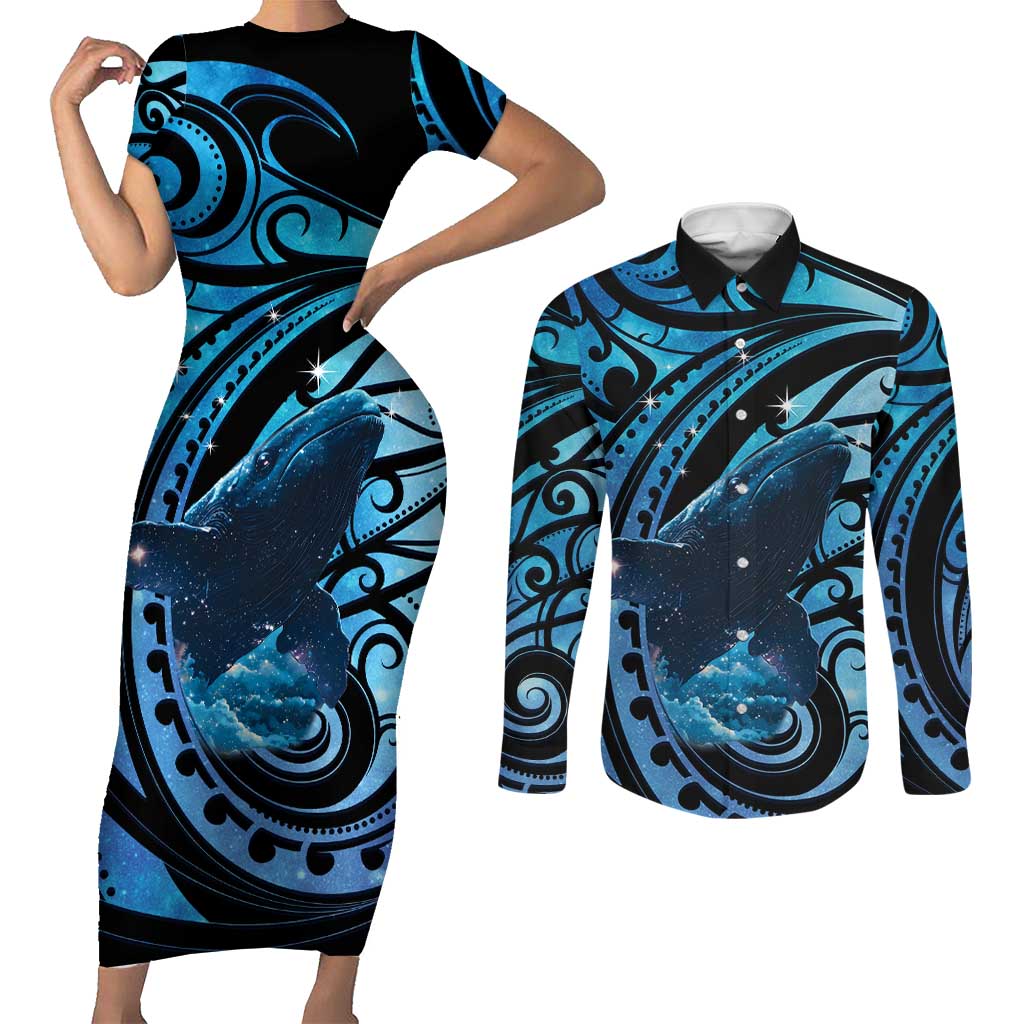 New Zealand Matariki Couples Matching Short Sleeve Bodycon Dress and Long Sleeve Button Shirt Maori Humpback Whale Galaxy LT22 Blue - Polynesian Pride