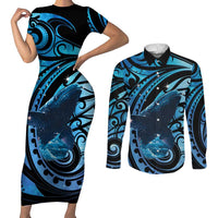 New Zealand Matariki Couples Matching Short Sleeve Bodycon Dress and Long Sleeve Button Shirt Maori Humpback Whale Galaxy LT22 Blue - Polynesian Pride