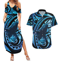 New Zealand Matariki Couples Matching Summer Maxi Dress and Hawaiian Shirt Maori Humpback Whale Galaxy LT22 Blue - Polynesian Pride