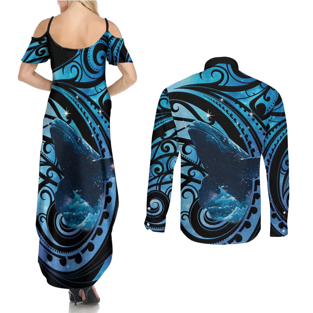 New Zealand Matariki Couples Matching Summer Maxi Dress and Long Sleeve Button Shirt Maori Humpback Whale Galaxy