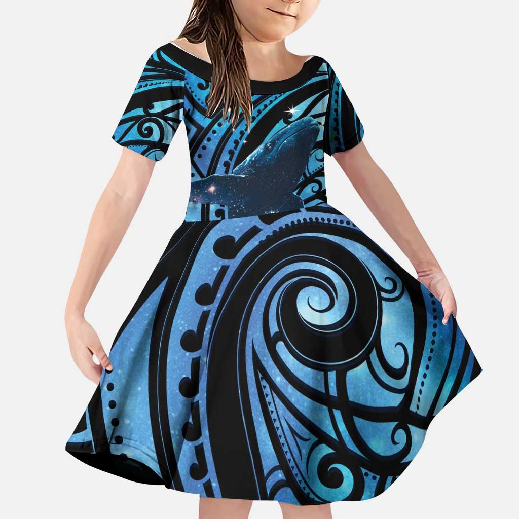 New Zealand Matariki Family Matching Off The Shoulder Long Sleeve Dress and Hawaiian Shirt Maori Humpback Whale Galaxy LT22 Daughter's Dress Blue - Polynesian Pride