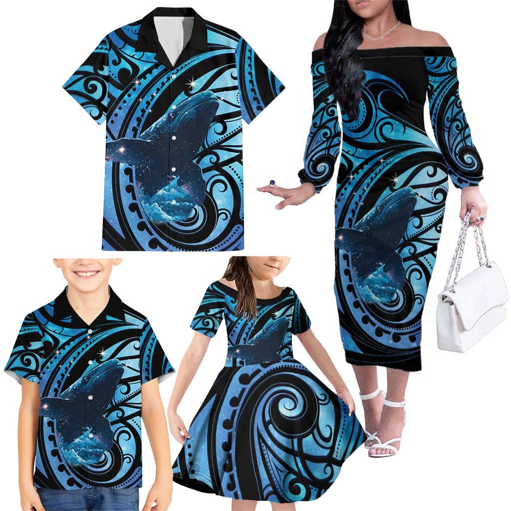 New Zealand Matariki Family Matching Off The Shoulder Long Sleeve Dress and Hawaiian Shirt Maori Humpback Whale Galaxy LT22 - Polynesian Pride