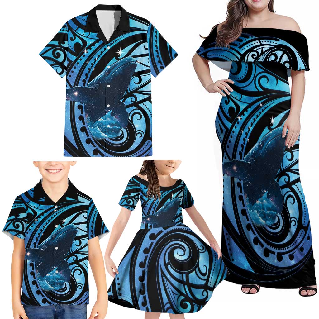 New Zealand Matariki Family Matching Off Shoulder Maxi Dress and Hawaiian Shirt Maori Humpback Whale Galaxy