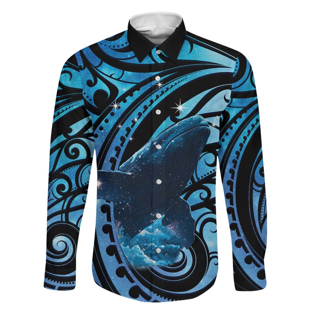 New Zealand Matariki Family Matching Off Shoulder Maxi Dress and Hawaiian Shirt Maori Humpback Whale Galaxy LT22 Dad's Shirt - Long Sleeve Blue - Polynesian Pride