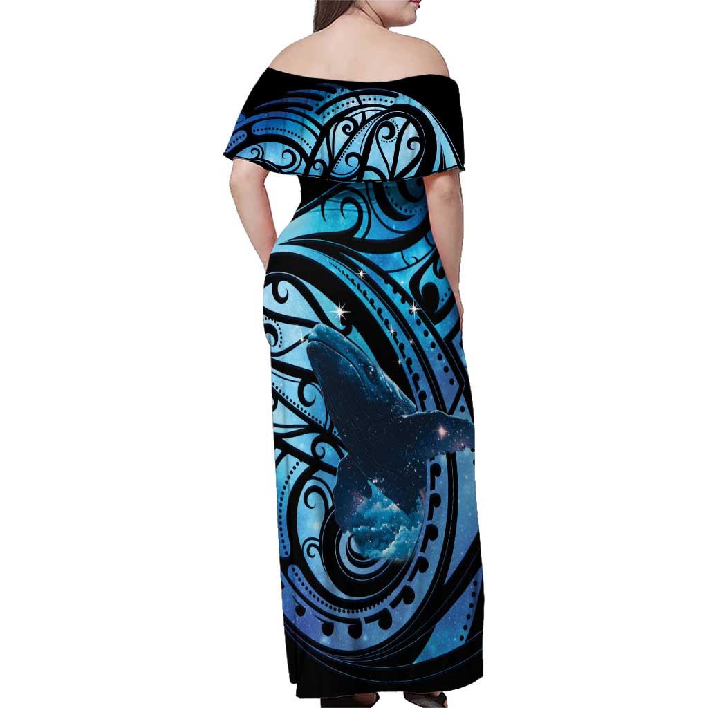 New Zealand Matariki Family Matching Off Shoulder Maxi Dress and Hawaiian Shirt Maori Humpback Whale Galaxy LT22 - Polynesian Pride
