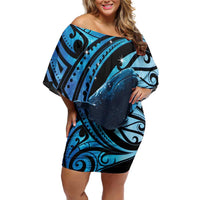 New Zealand Matariki Family Matching Off Shoulder Short Dress and Hawaiian Shirt Maori Humpback Whale Galaxy LT22 Mom's Dress Blue - Polynesian Pride