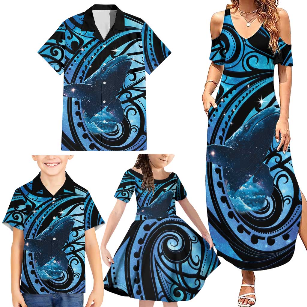 New Zealand Matariki Family Matching Summer Maxi Dress and Hawaiian Shirt Maori Humpback Whale Galaxy LT22 - Polynesian Pride