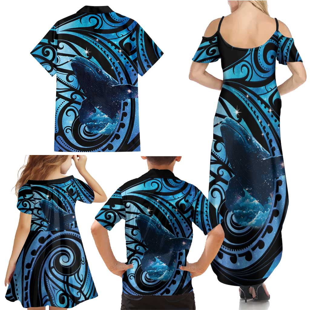 New Zealand Matariki Family Matching Summer Maxi Dress and Hawaiian Shirt Maori Humpback Whale Galaxy LT22 - Polynesian Pride