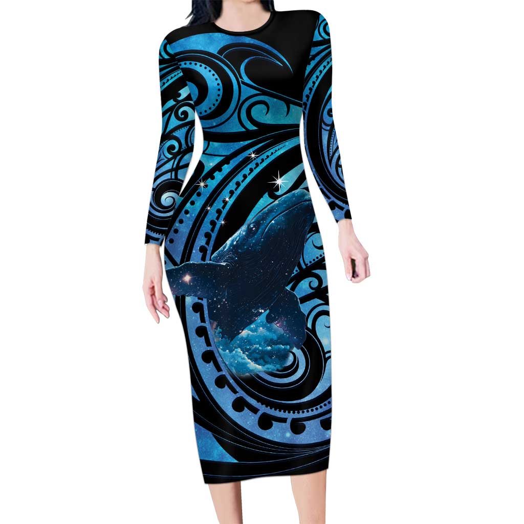 New Zealand Matariki Long Sleeve Bodycon Dress Maori Humpback Whale Galaxy