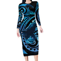 New Zealand Matariki Long Sleeve Bodycon Dress Maori Humpback Whale Galaxy