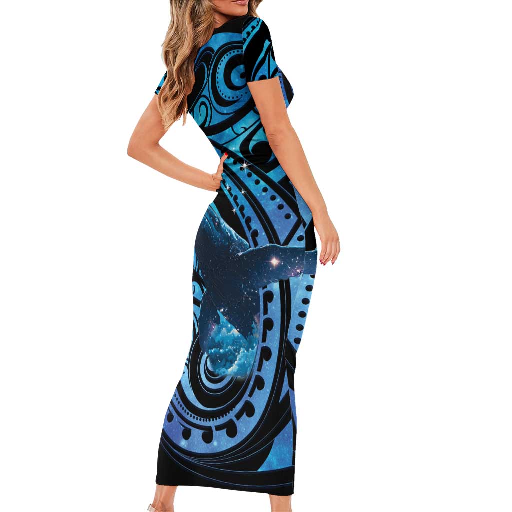 New Zealand Matariki Short Sleeve Bodycon Dress Maori Humpback Whale Galaxy