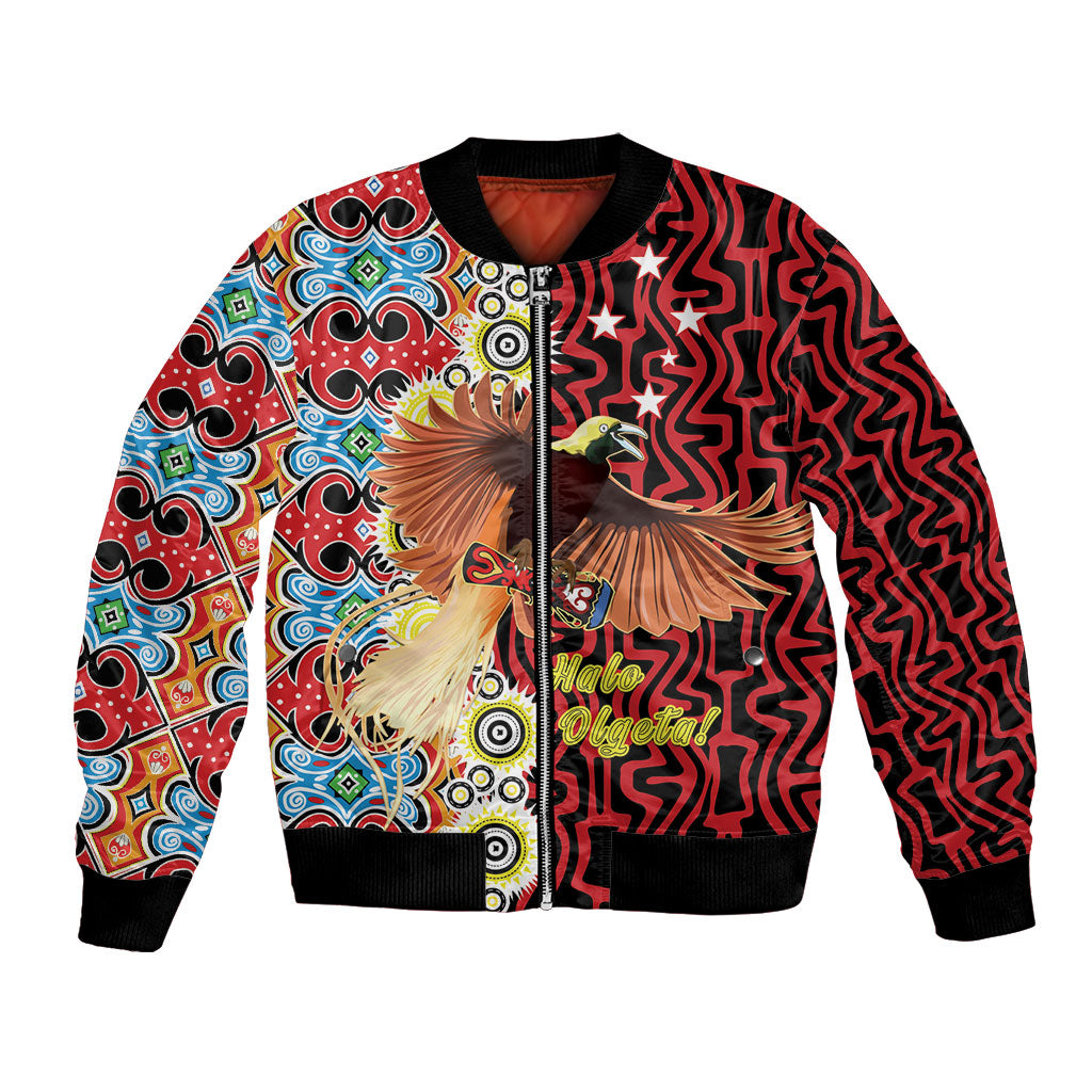 Personalised Papua New Guinea Pidgin Language Week Bomber Jacket Halo Olgeta Tok Pisin Wik Bird Of Paradise Oro Batik LT22 Unisex Red - Polynesian Pride