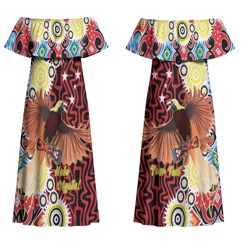 Personalised Papua New Guinea Pidgin Language Week Couples Matching Off Shoulder Maxi Dress and Hawaiian Shirt Halo Olgeta Tok Pisin Wik Bird Of Paradise Oro Batik LT22 - Polynesian Pride