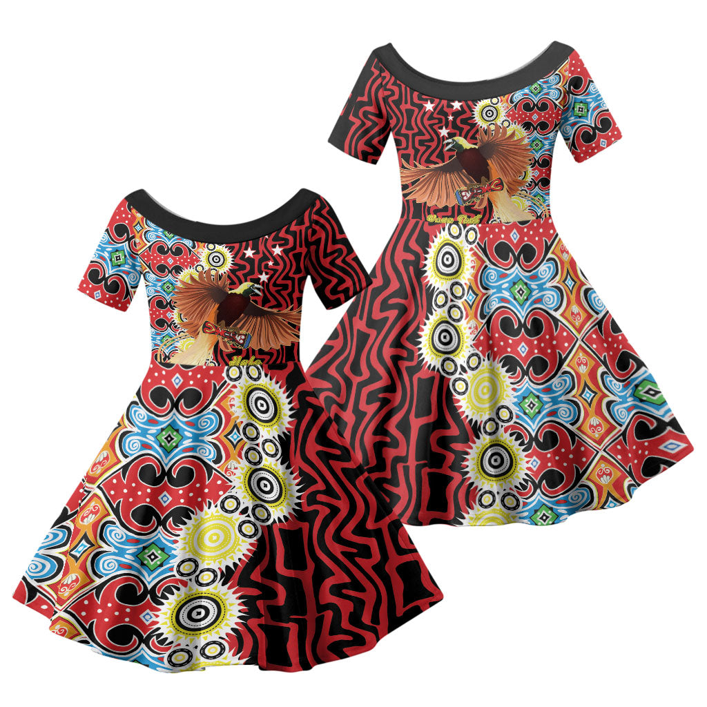 Personalised Papua New Guinea Pidgin Language Week Family Matching Off The Shoulder Long Sleeve Dress and Hawaiian Shirt Halo Olgeta Tok Pisin Wik Bird Of Paradise Oro Batik LT22 Daughter's Dress Red - Polynesian Pride