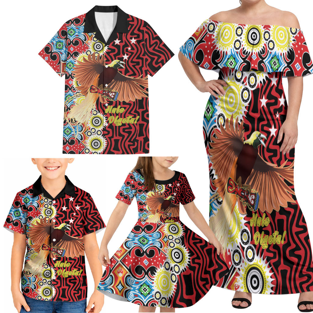Personalised Papua New Guinea Pidgin Language Week Family Matching Off Shoulder Maxi Dress and Hawaiian Shirt Halo Olgeta Tok Pisin Wik Bird Of Paradise Oro Batik LT22 - Polynesian Pride
