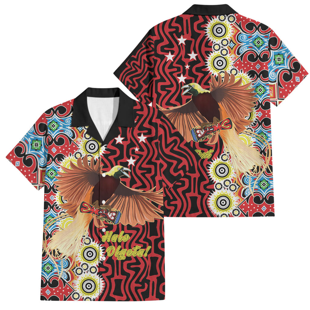 Personalised Papua New Guinea Pidgin Language Week Family Matching Off Shoulder Short Dress and Hawaiian Shirt Halo Olgeta Tok Pisin Wik Bird Of Paradise Oro Batik LT22 Dad's Shirt - Short Sleeve Red - Polynesian Pride