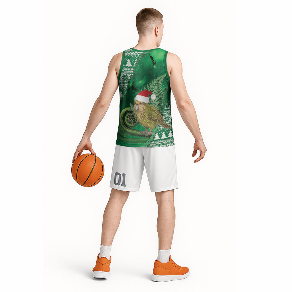 New Zealand Kakapo Christmas In July Basketball Jersey Silver Fern Santa Xmas Green Color LT22 - Polynesian Pride