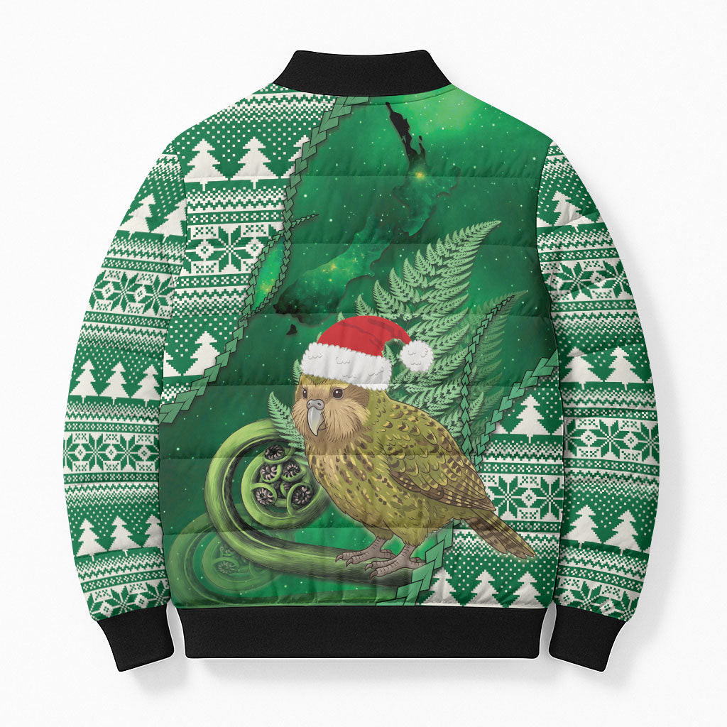 New Zealand Kakapo Christmas In July Bomber Puffer Jacket Silver Fern Santa Xmas Green Color