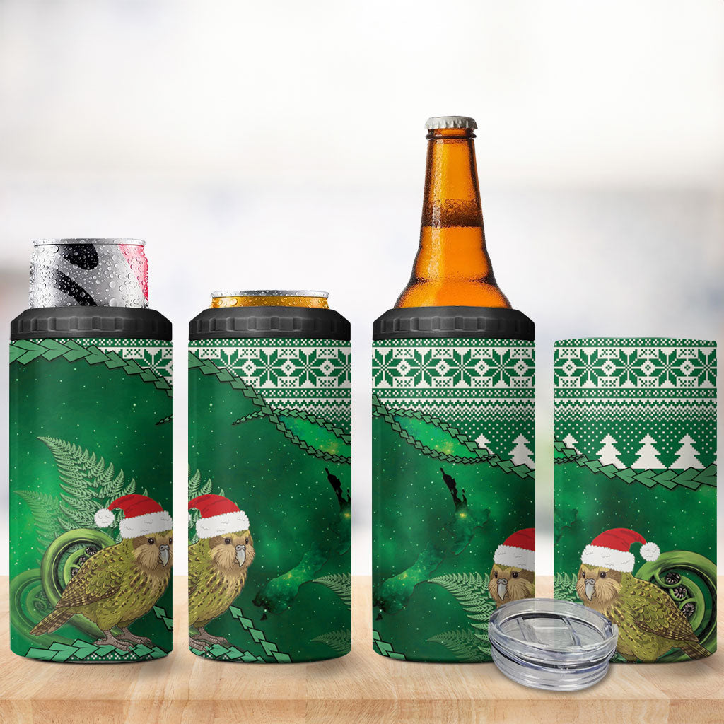 New Zealand Kakapo Christmas In July 4 in 1 Can Cooler Tumbler Silver Fern Santa Xmas Green Color LT22 - Polynesian Pride