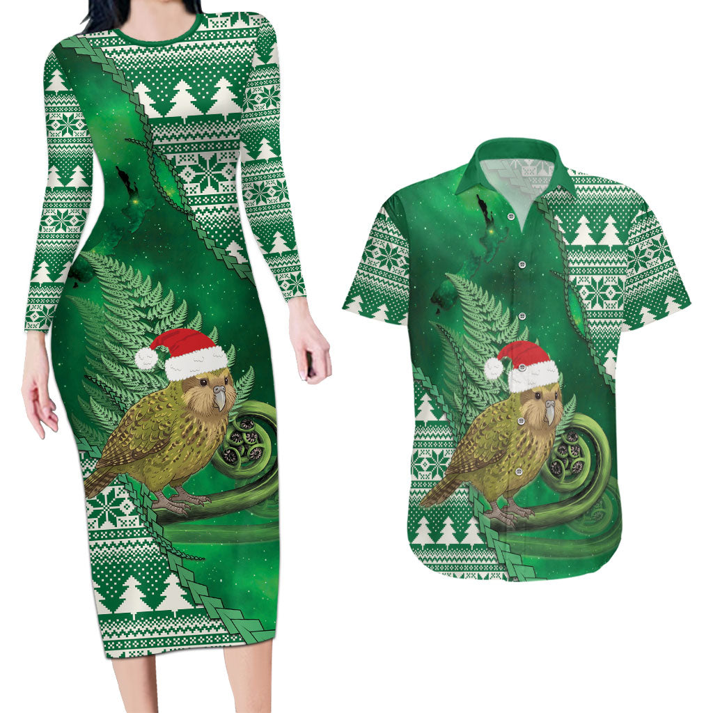 New Zealand Kakapo Christmas In July Couples Matching Long Sleeve Bodycon Dress and Hawaiian Shirt Silver Fern Santa Xmas Green Color LT22 Green - Polynesian Pride