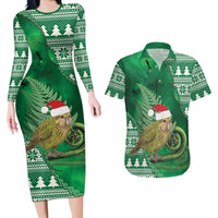 New Zealand Kakapo Christmas In July Couples Matching Long Sleeve Bodycon Dress and Hawaiian Shirt Silver Fern Santa Xmas Green Color