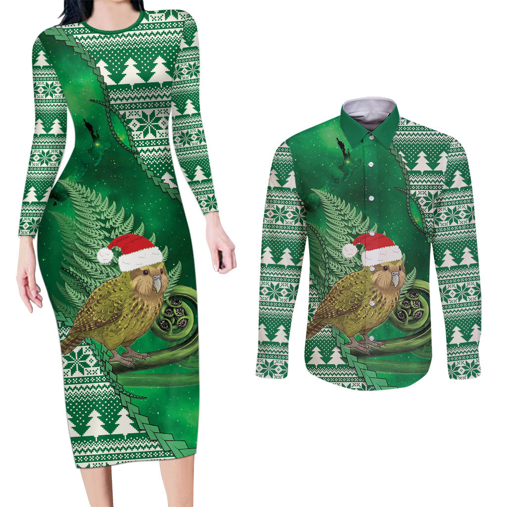 New Zealand Kakapo Christmas In July Couples Matching Long Sleeve Bodycon Dress and Long Sleeve Button Shirt Silver Fern Santa Xmas Green Color