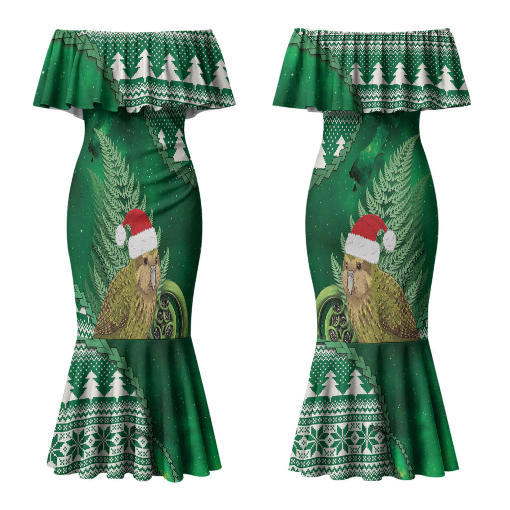 New Zealand Kakapo Christmas In July Couples Matching Mermaid Dress and Long Sleeve Button Shirt Silver Fern Santa Xmas Green Color LT22 - Polynesian Pride