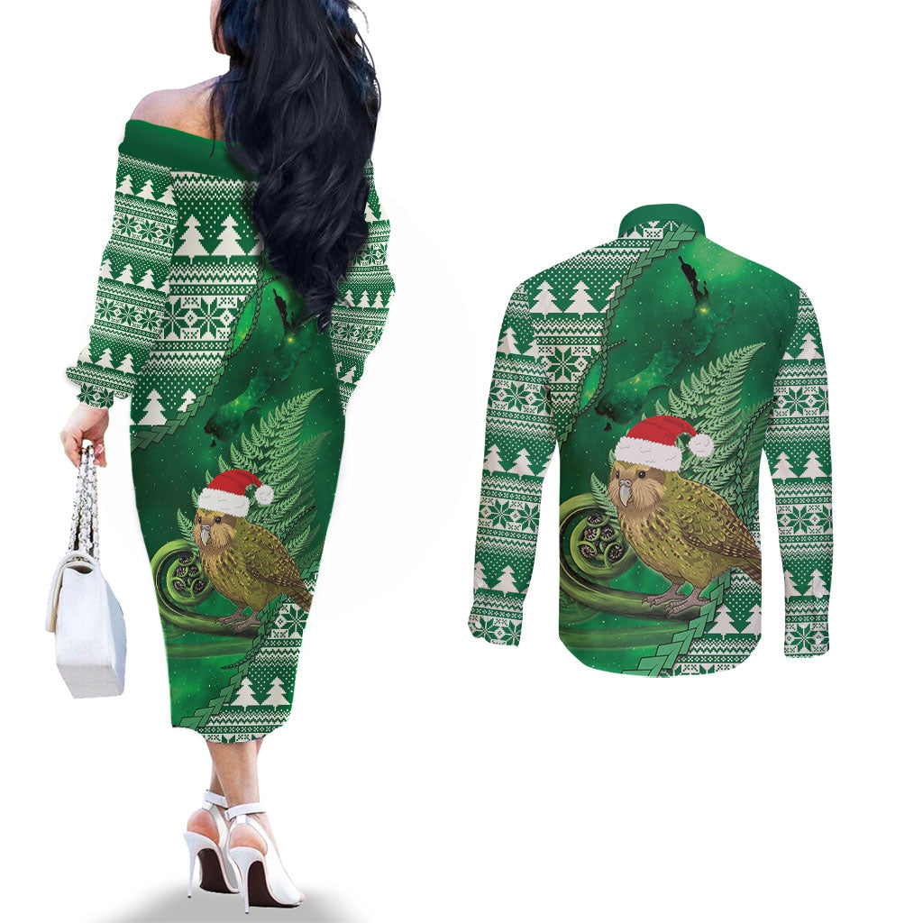 New Zealand Kakapo Christmas In July Couples Matching Off The Shoulder Long Sleeve Dress and Long Sleeve Button Shirt Silver Fern Santa Xmas Green Color LT22 - Polynesian Pride