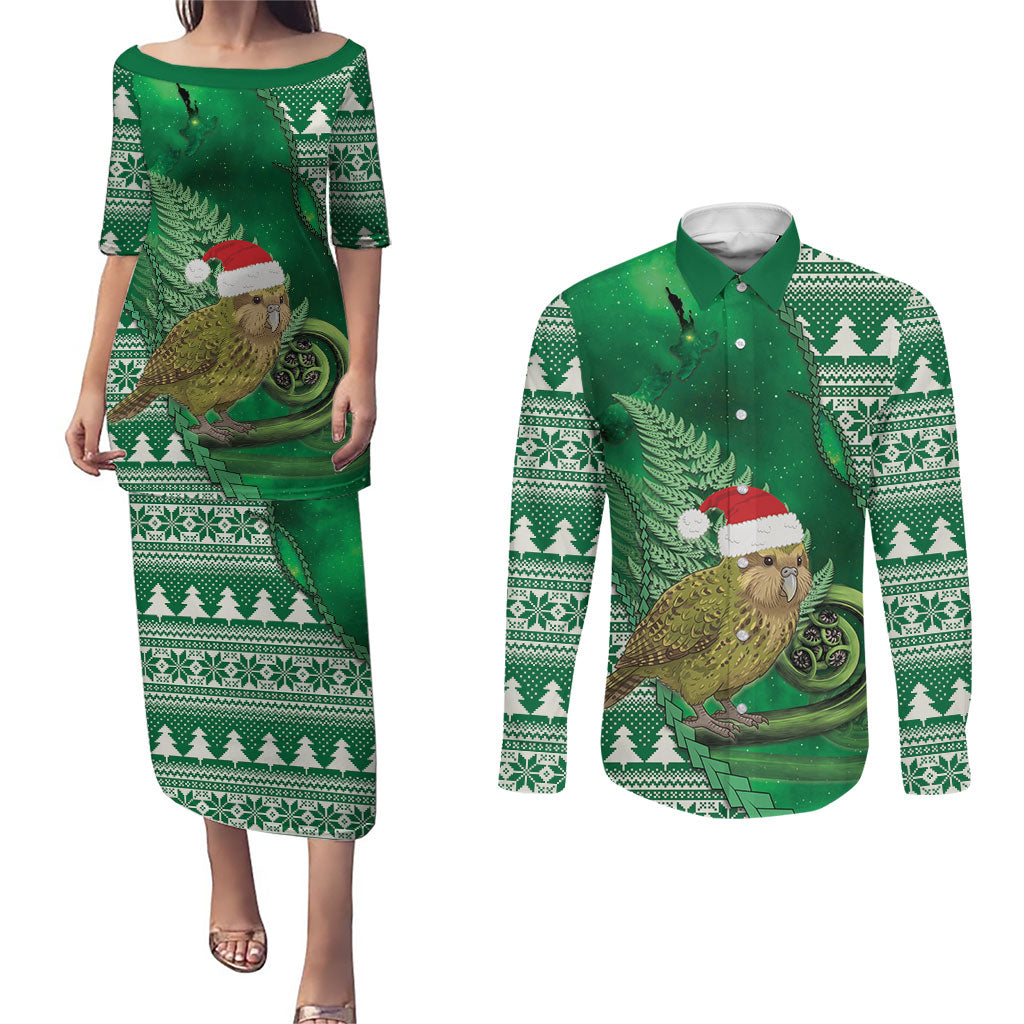 New Zealand Kakapo Christmas In July Couples Matching Puletasi and Long Sleeve Button Shirt Silver Fern Santa Xmas Green Color LT22 Green - Polynesian Pride