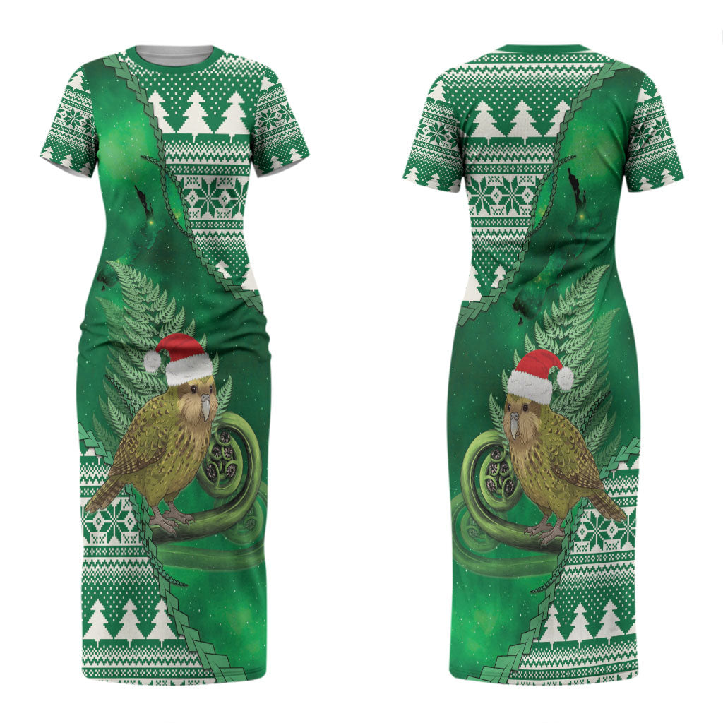New Zealand Kakapo Christmas In July Couples Matching Short Sleeve Bodycon Dress and Long Sleeve Button Shirt Silver Fern Santa Xmas Green Color LT22 - Polynesian Pride