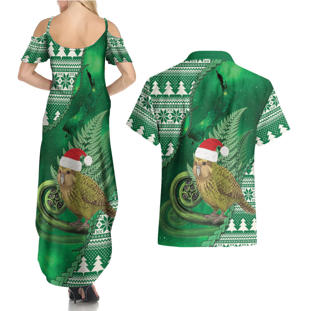 New Zealand Kakapo Christmas In July Couples Matching Summer Maxi Dress and Hawaiian Shirt Silver Fern Santa Xmas Green Color