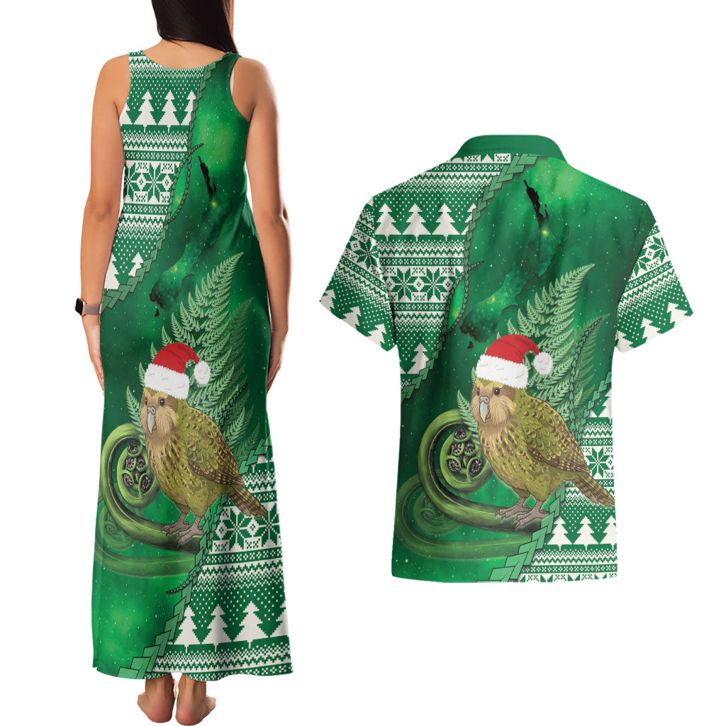 New Zealand Kakapo Christmas In July Couples Matching Tank Maxi Dress and Hawaiian Shirt Silver Fern Santa Xmas Green Color