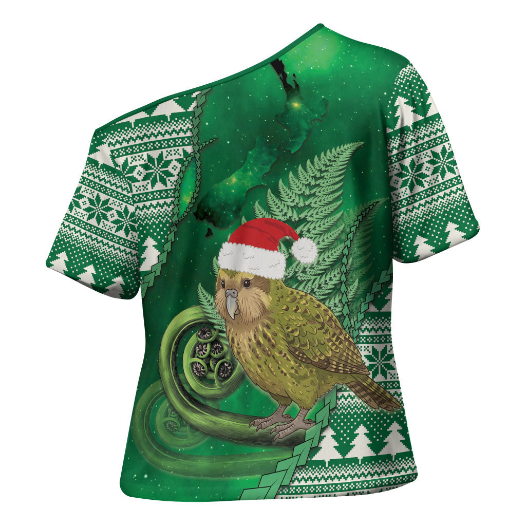 New Zealand Kakapo Christmas In July Cross Shoulder Shirt Silver Fern Santa Xmas Green Color