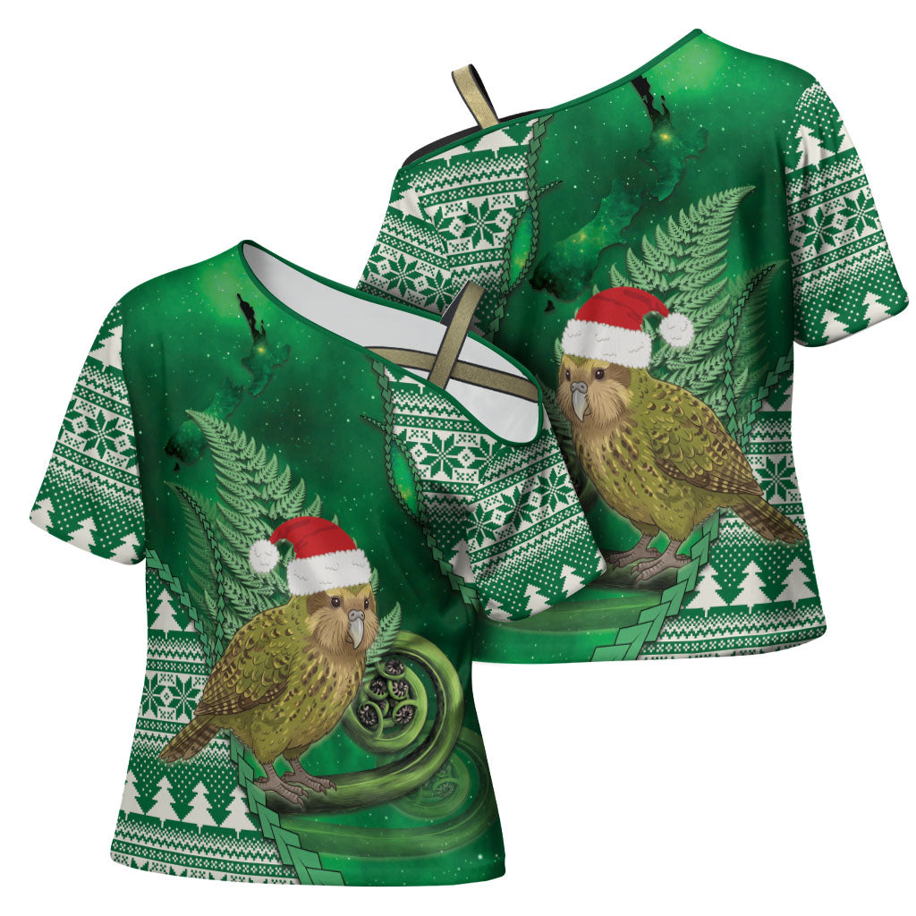 New Zealand Kakapo Christmas In July Cross Shoulder Shirt Silver Fern Santa Xmas Green Color