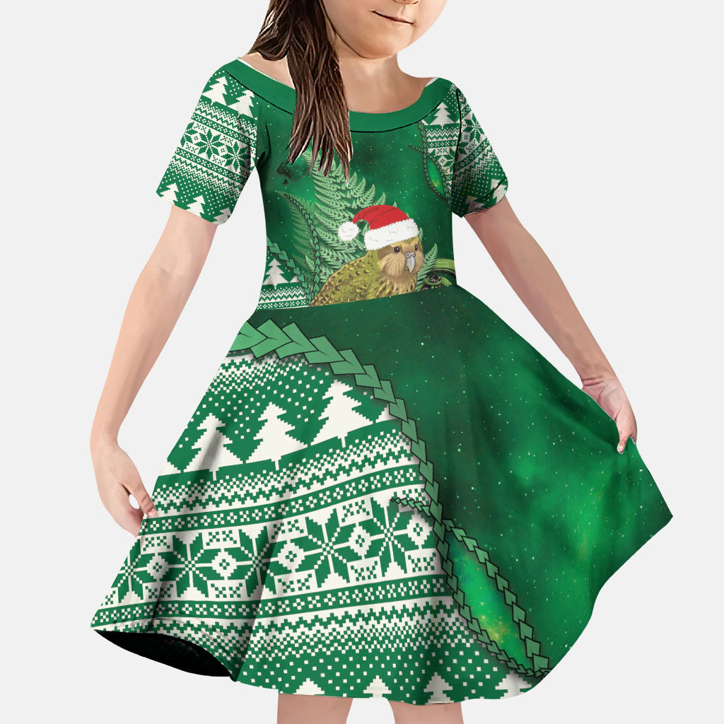 New Zealand Kakapo Christmas In July Family Matching Long Sleeve Bodycon Dress and Hawaiian Shirt Silver Fern Santa Xmas Green Color LT22 Daughter's Dress Green - Polynesian Pride